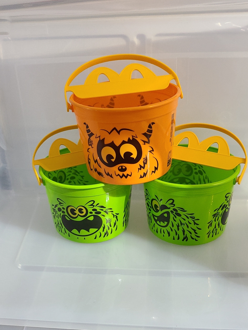 McDonald's Orange and Neon Green Monster BOO Buckets 2024--Bundle of 3
